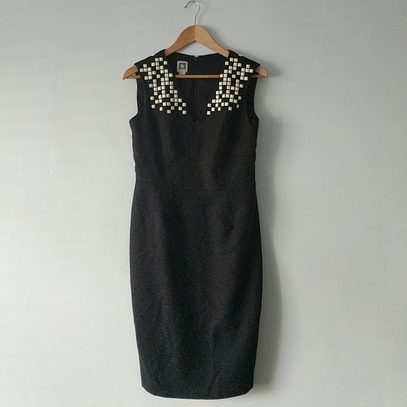 Anne Klein Black Beaded Collar Sheath Work Dress - Picture 1 of 5